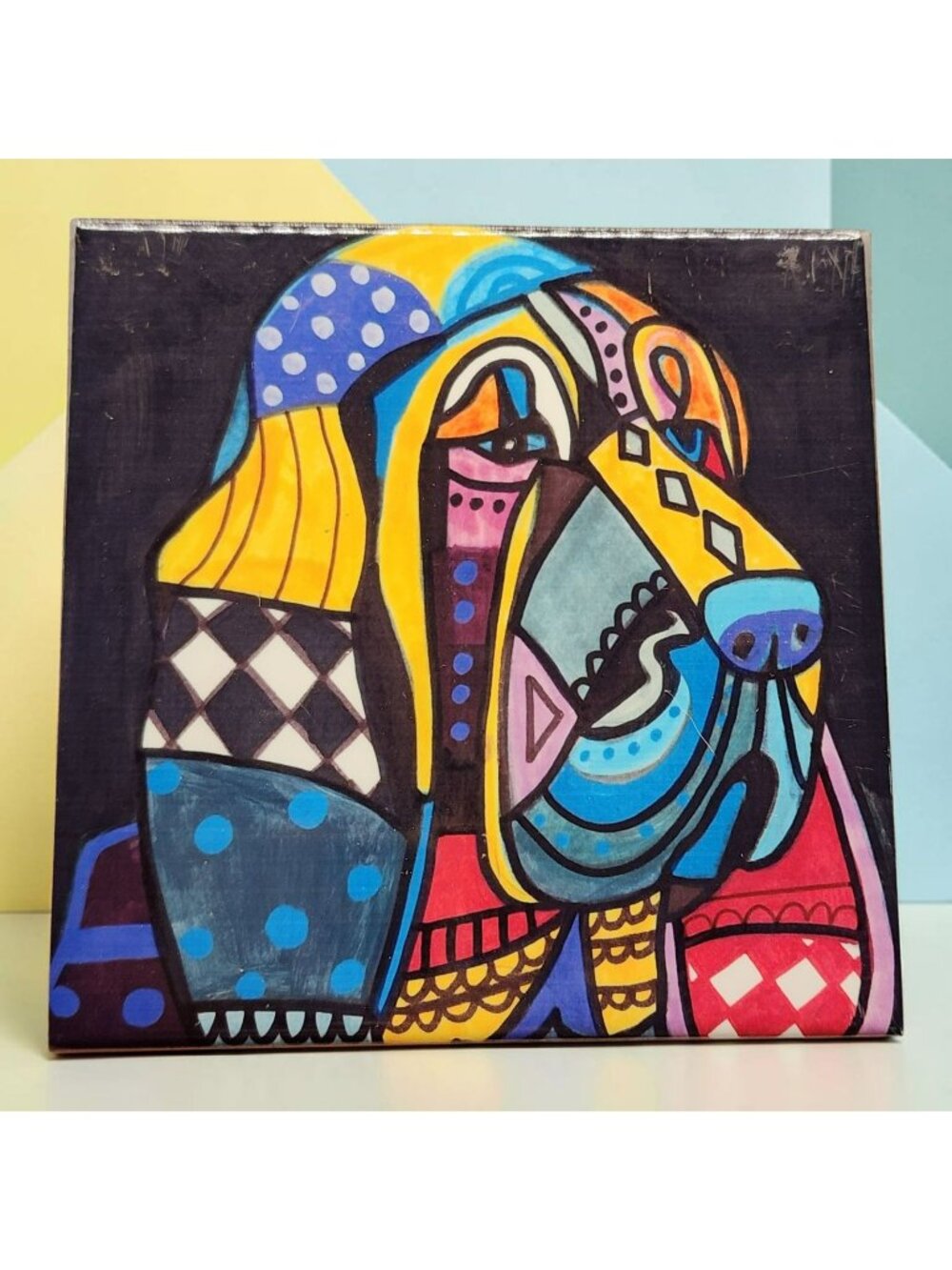 Pop Art Hound Dog Ceramic Tile 4 1/4"x4 1/4" Multicolor Abstract Design